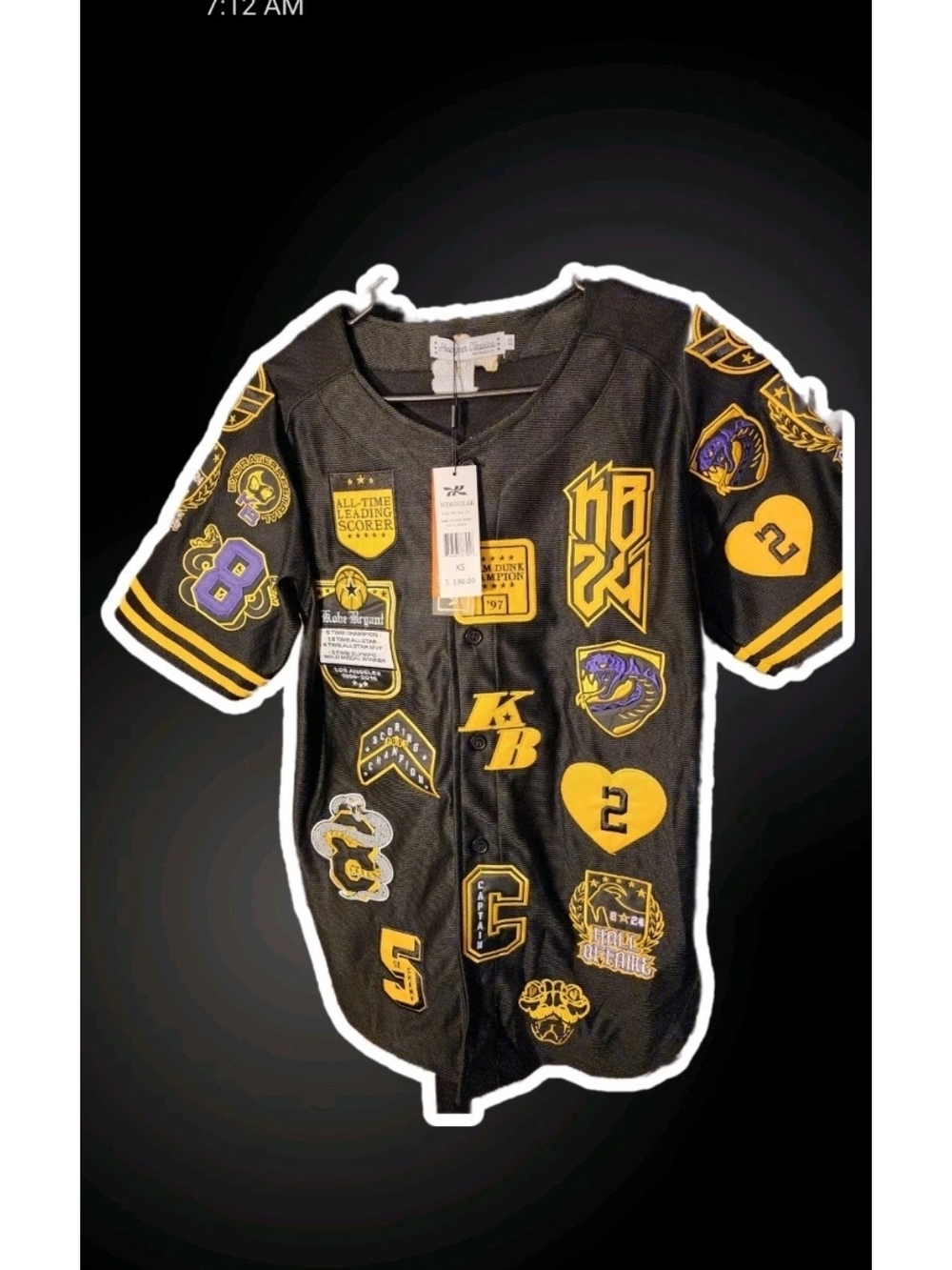Kobe Bryant Headgear Classic Collage Patch Men’s Baseball Jersey XS New With Tag